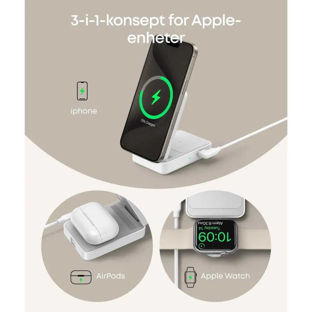 Anker Iphone-Tilbehør|Hjemmekontor|MagGo Trådløs og sammenleggbar 3-i-1-ladestasjon