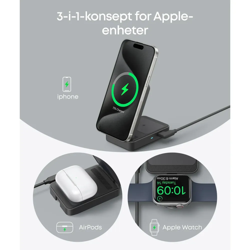 Anker Iphone-Tilbehør|Hjemmekontor|MagGo Trådløs og sammenleggbar 3-i-1-ladestasjon