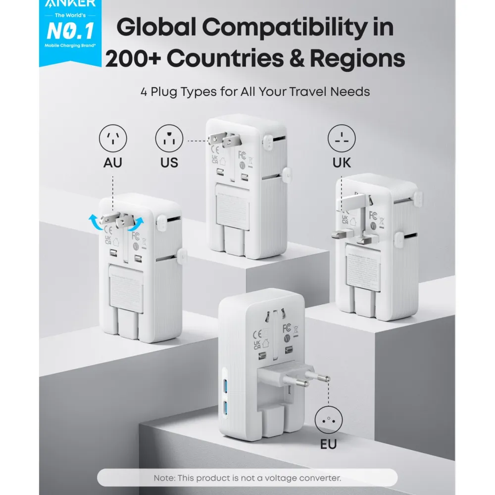 Anker Reiseeffekter|Overfallsalarm|Nano Travel Adapter 5-i-1-reiseadapter (20 W) Hvit
