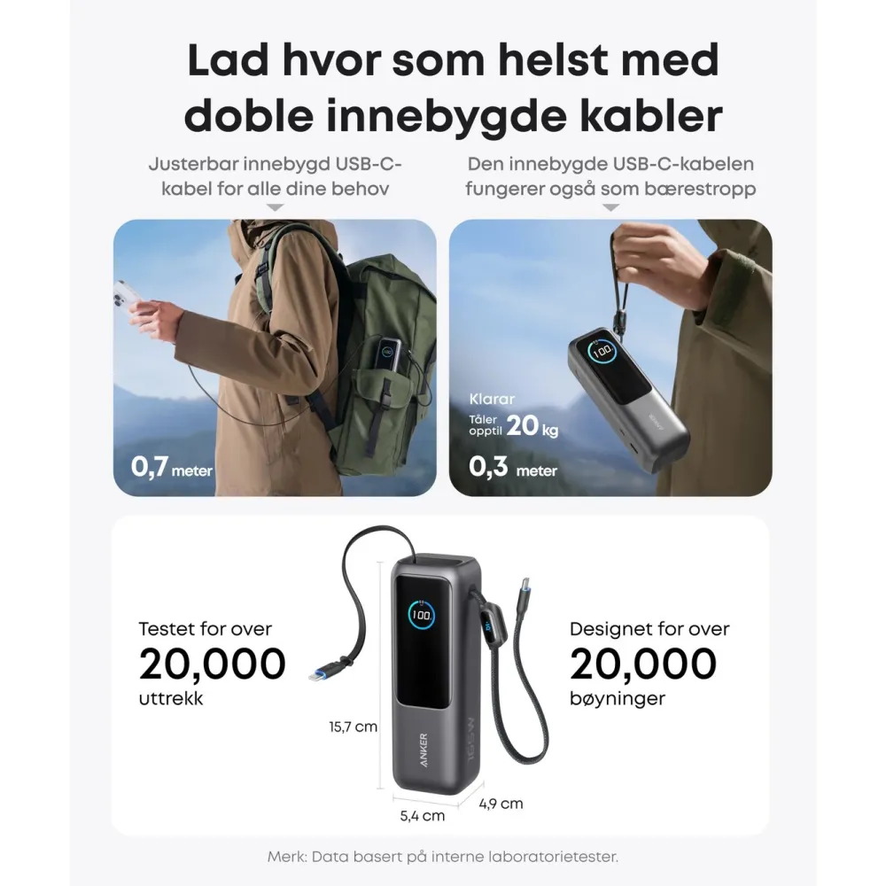 Anker Powerbank|Powerbank 165 W 25000 mAh med kabler