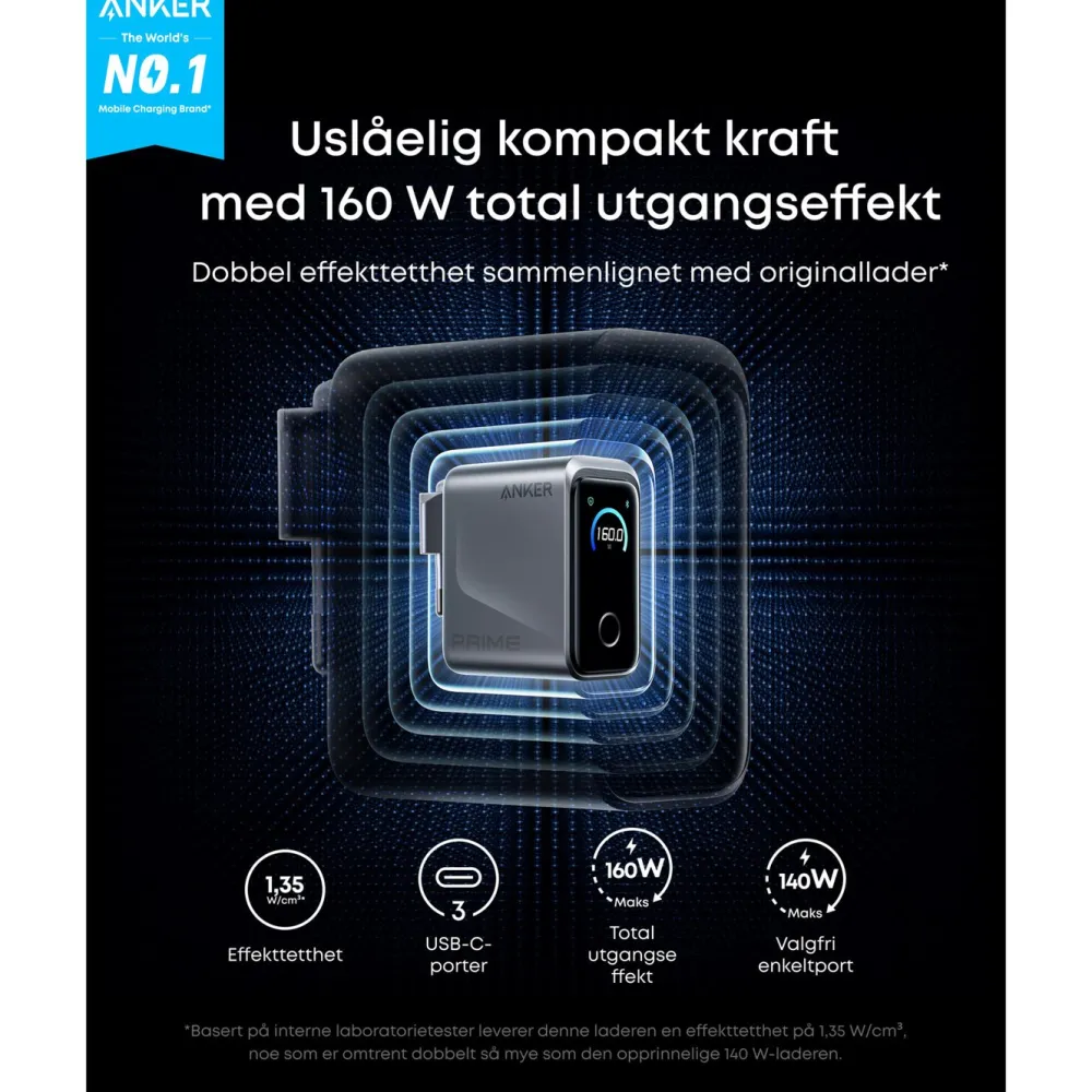 Anker Mobiltelefonladere|Prime Charger 160 W – USB-C-lader med 3 porter og display