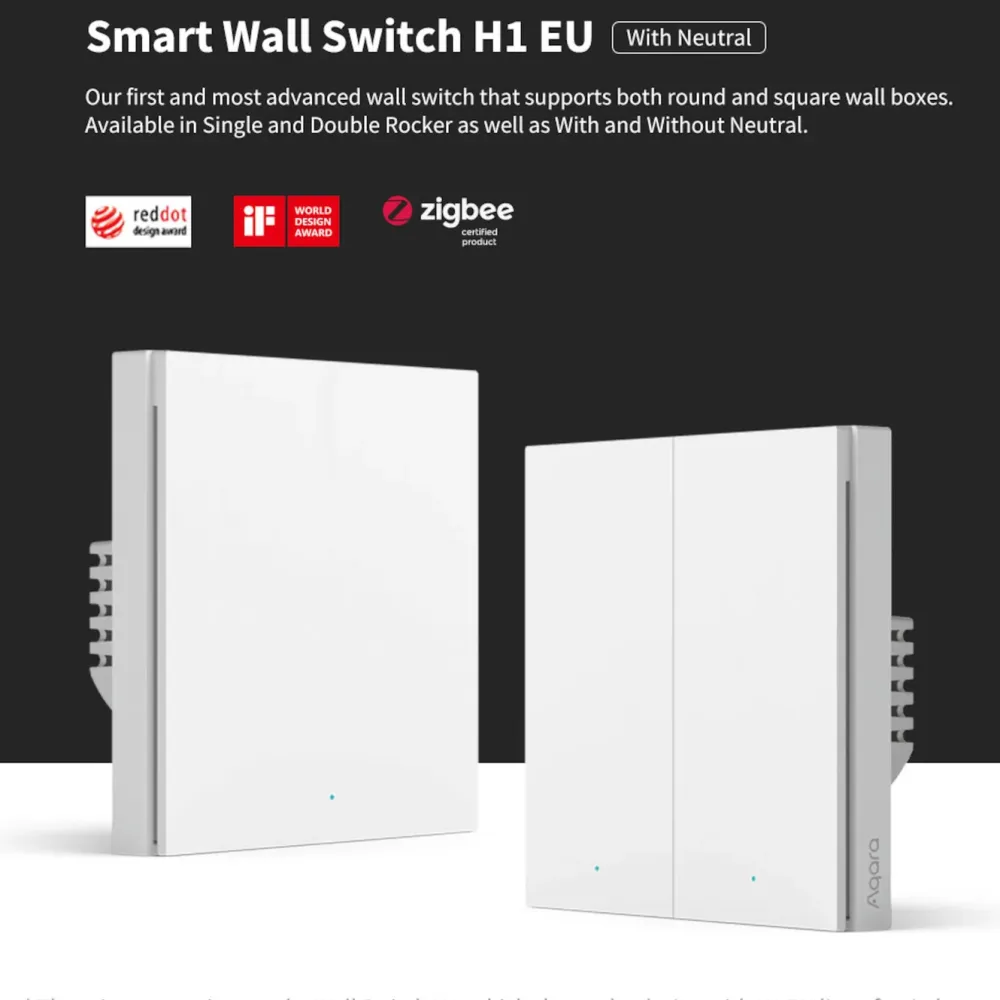 Aqara Fjernstrømbryter|Smart Wall Switch H1 Dobbel med nøytralleder