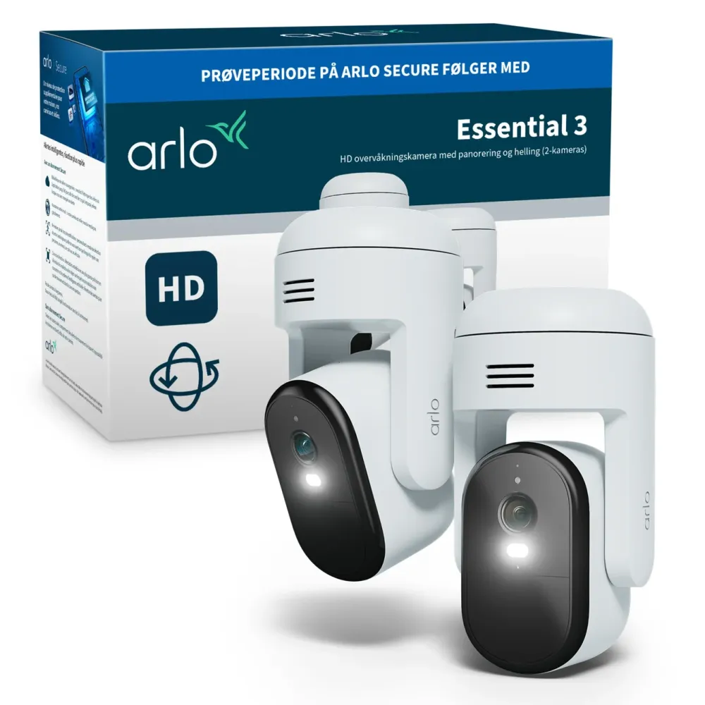 Arlo Kameraovervåking|Essential 3 HD PTZ – Nettdrevet overvåkingskamera 2-pk.