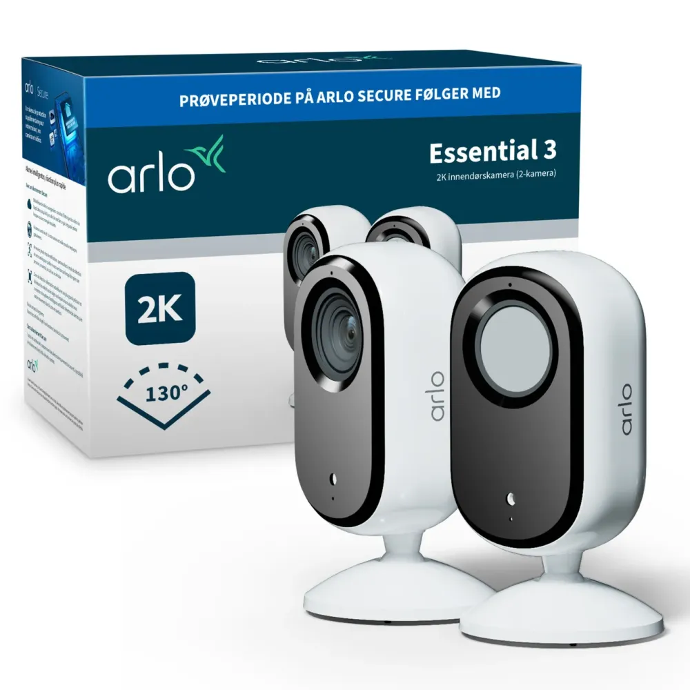 Arlo Kameraovervåking|Essential 3 2K – Overvåkingskamera innendørs 2-pk.