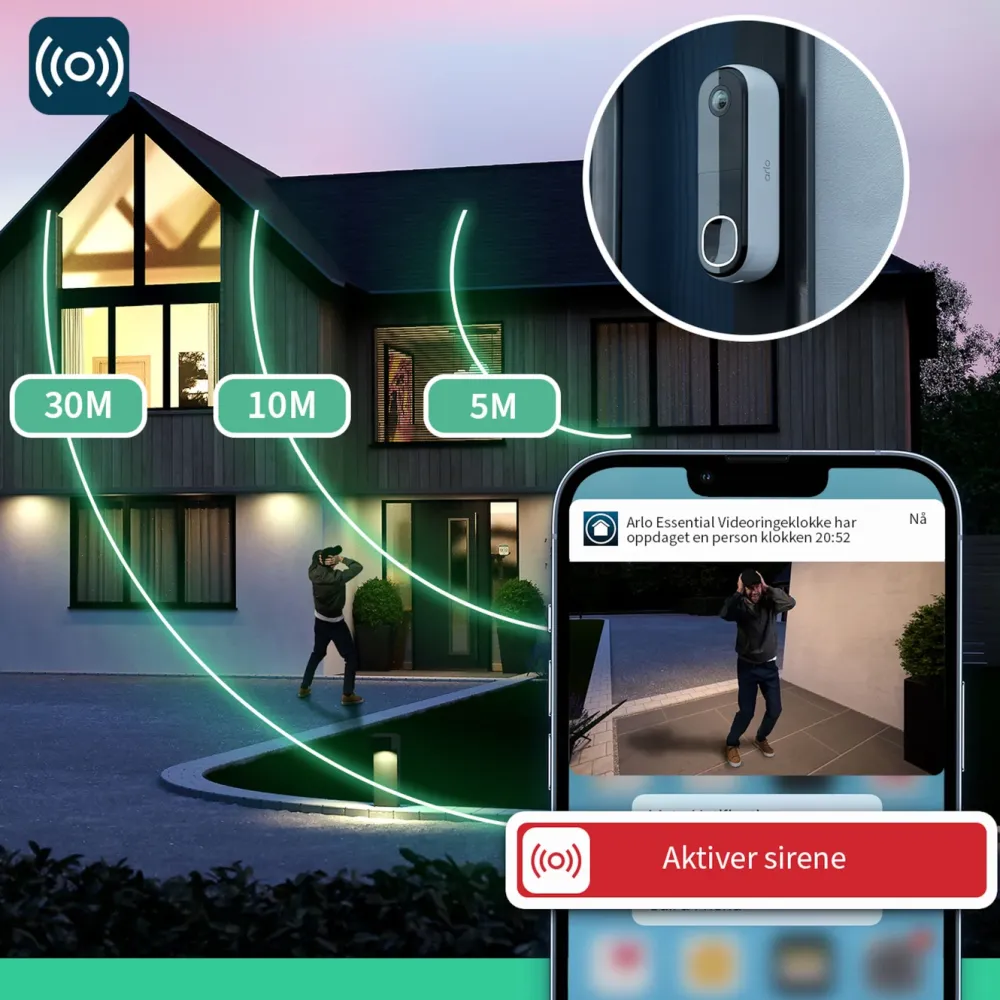 Arlo Smart Dørklokke|Smart Dørklokke|Essential 2K Trådløs videodørklokke med Chime 2