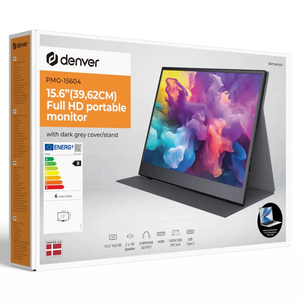 Denver Dataskjermer|Bærbar Full HD-skjerm med USB-C og IPS-panel 15,6"
