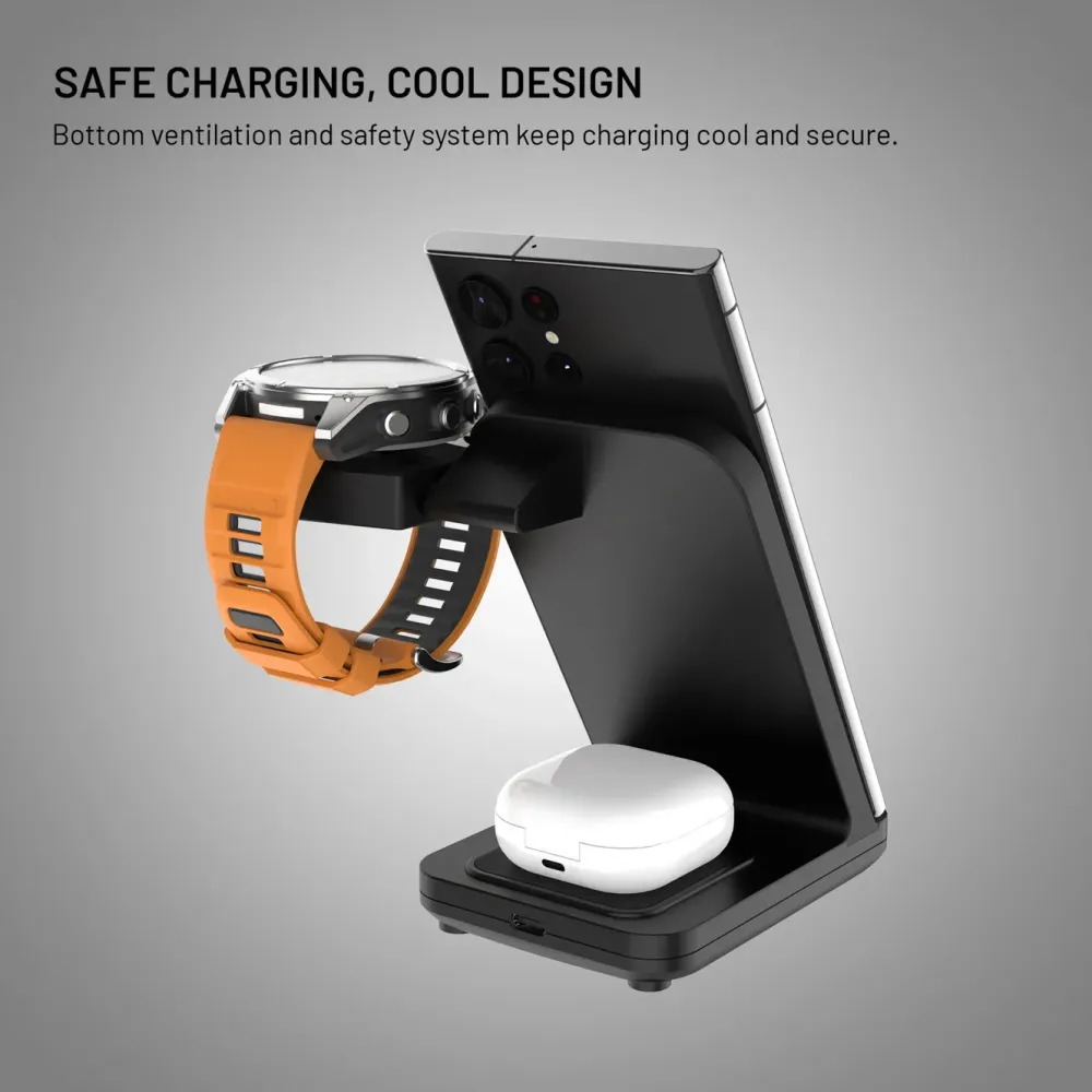 Fixed Smartklokker Og Ringer|Hjemmekontor|3-in-1 Trådløs Ladestasjon for Garmin - Svart