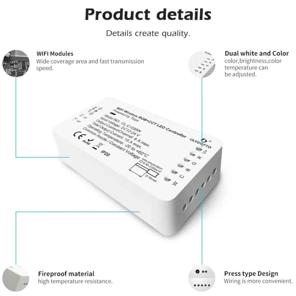 Gledopto Kontroller|RGB+CCT Wifi-kontroller for LED-list