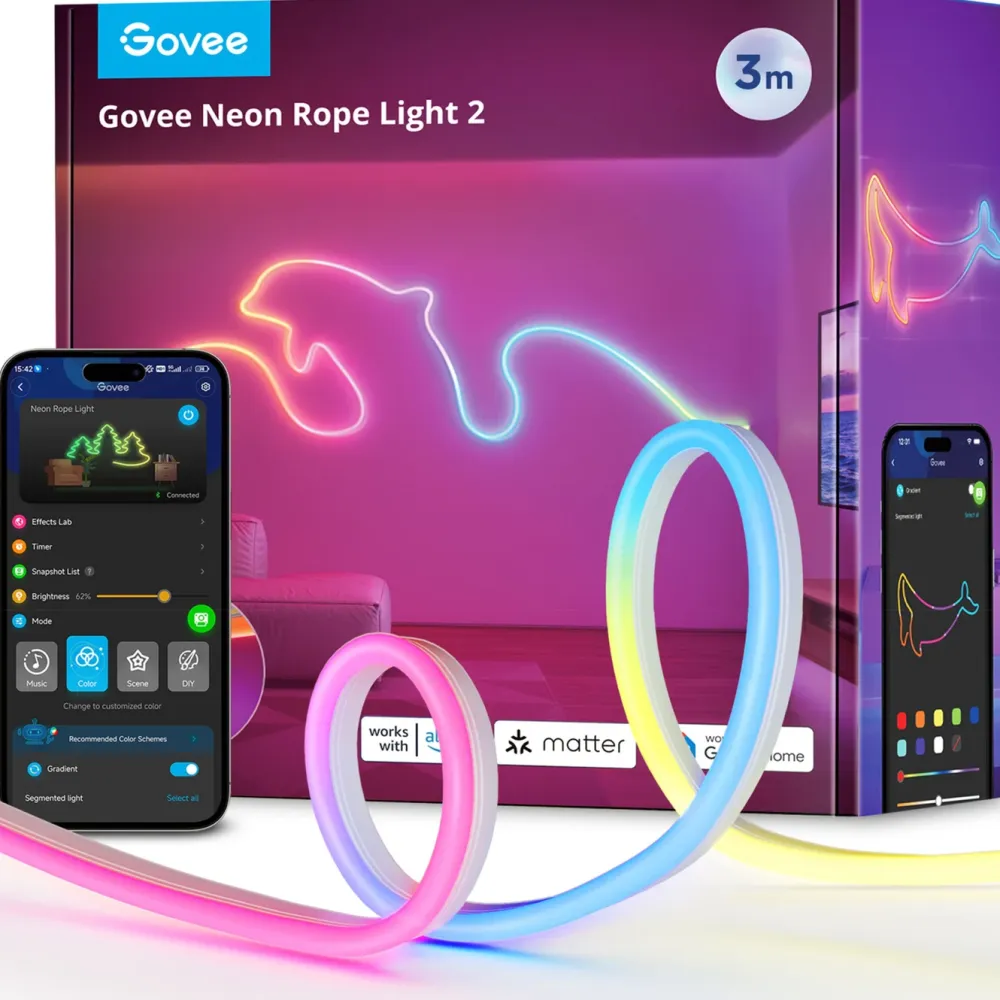 Govee Led-Lister|Smart Belysning|Neon Rope Light 2 – bøybar RGBIC-lysslynge 3 m