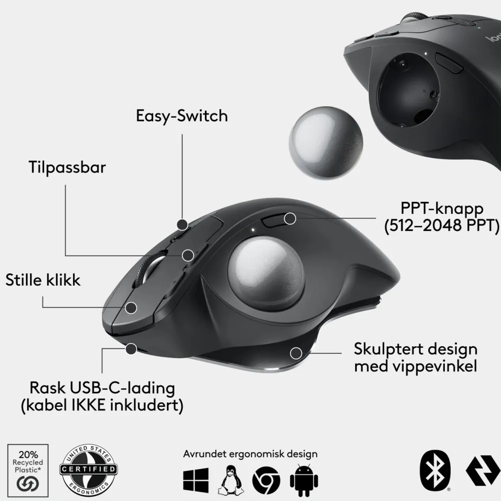 Logitech Datatilbehør|Ergonomi|MX Ergo S Ergonomisk mus med styrekule
