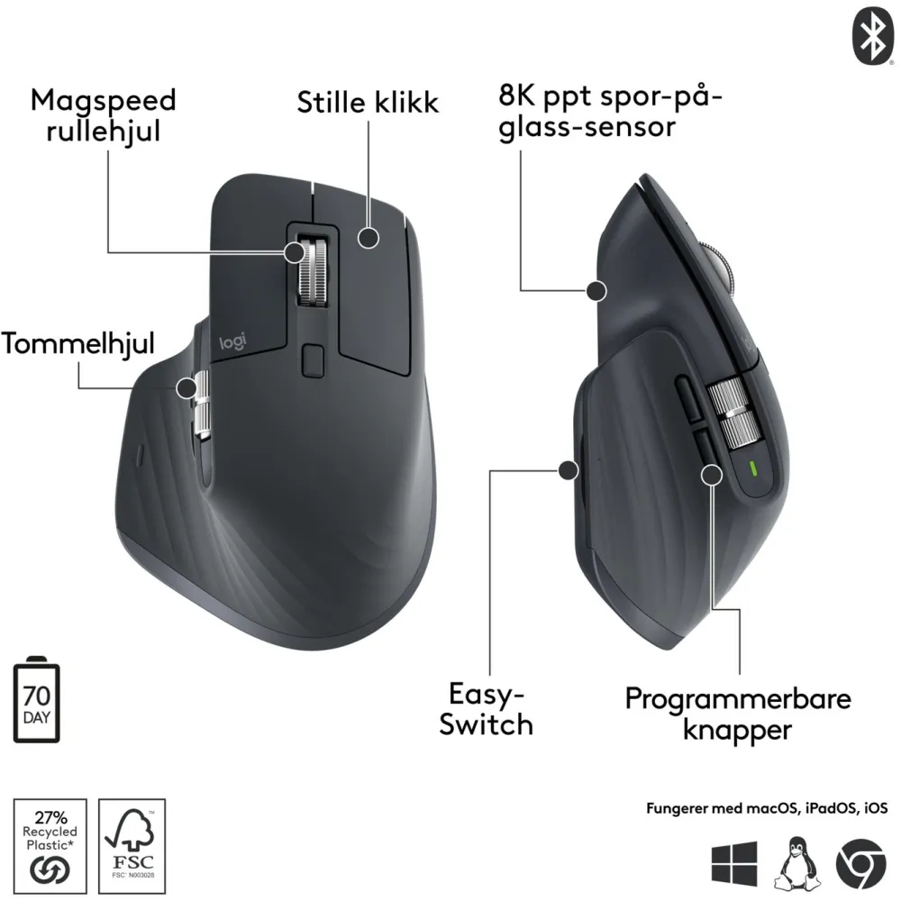 Logitech Datatilbehør|Ergonomi|Mx Master 3s Trådløs datamus