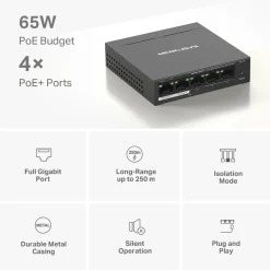 Mercusys Kablet Nettverk|MS105GP 5-porters gigabitswitch med POE+