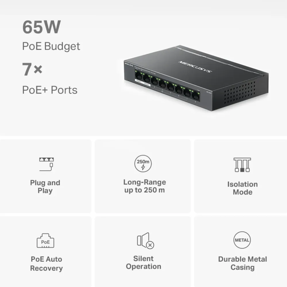 Mercusys Kablet Nettverk|MS108GP 8-porters gigabitswitch med POE+