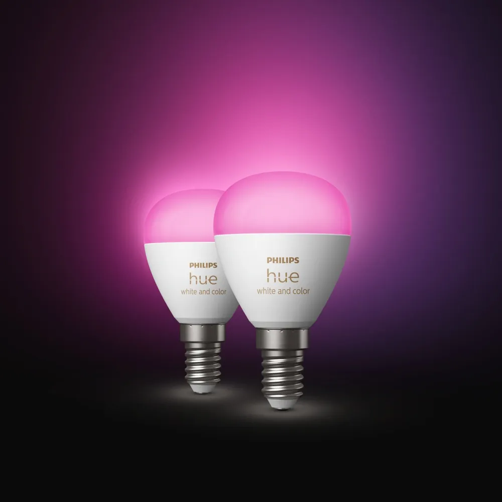 Philips Hue Smart Belysning|Smart Belysning|Luster Kuleformet LED-pære White and Color Ambiance E14 470 lm 2-pk.