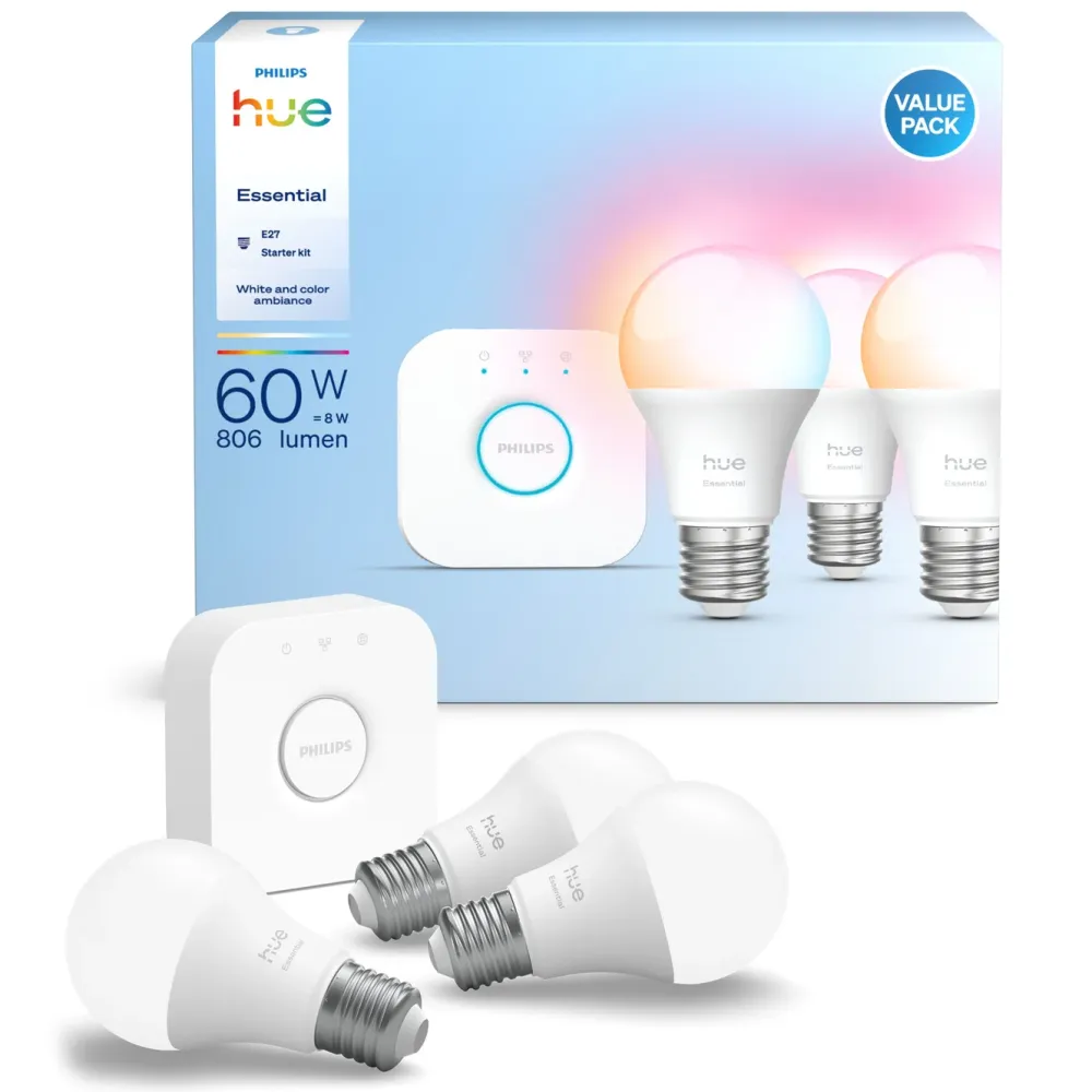 Philips Hue Smart Belysning|Philips Hue|Startpakke Essential: 3x White & Color E27 + Bridge