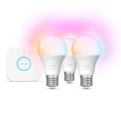Philips Hue Smart Belysning|Philips Hue|Startpakke Essential: 3x White & Color E27 + Bridge