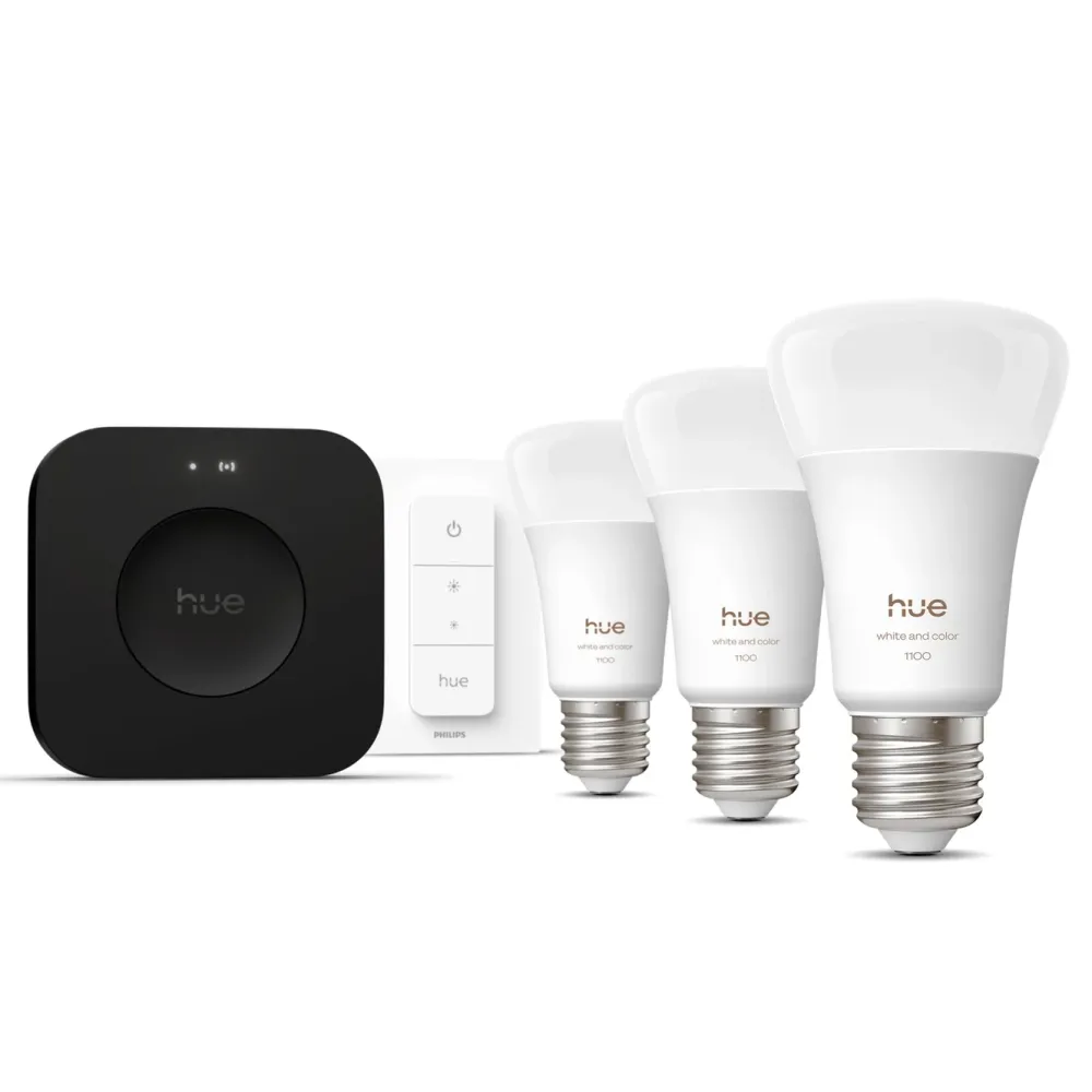 Philips Hue Smart Belysning|Philips Hue|Startpakke Pro: 3x White & Color E27 + Dimmer + Bridge Pro