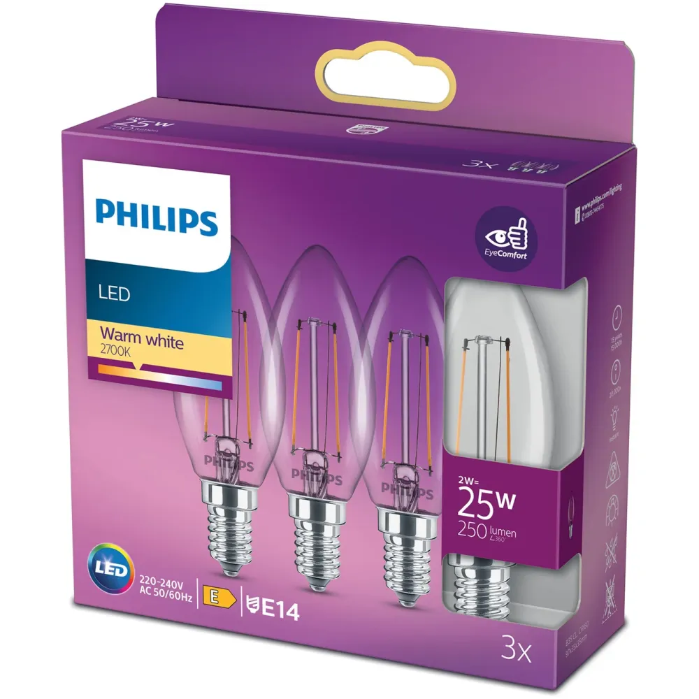 Philips Lyskilder|LED-pære Mignon LED E14 250 lm 3-pk.