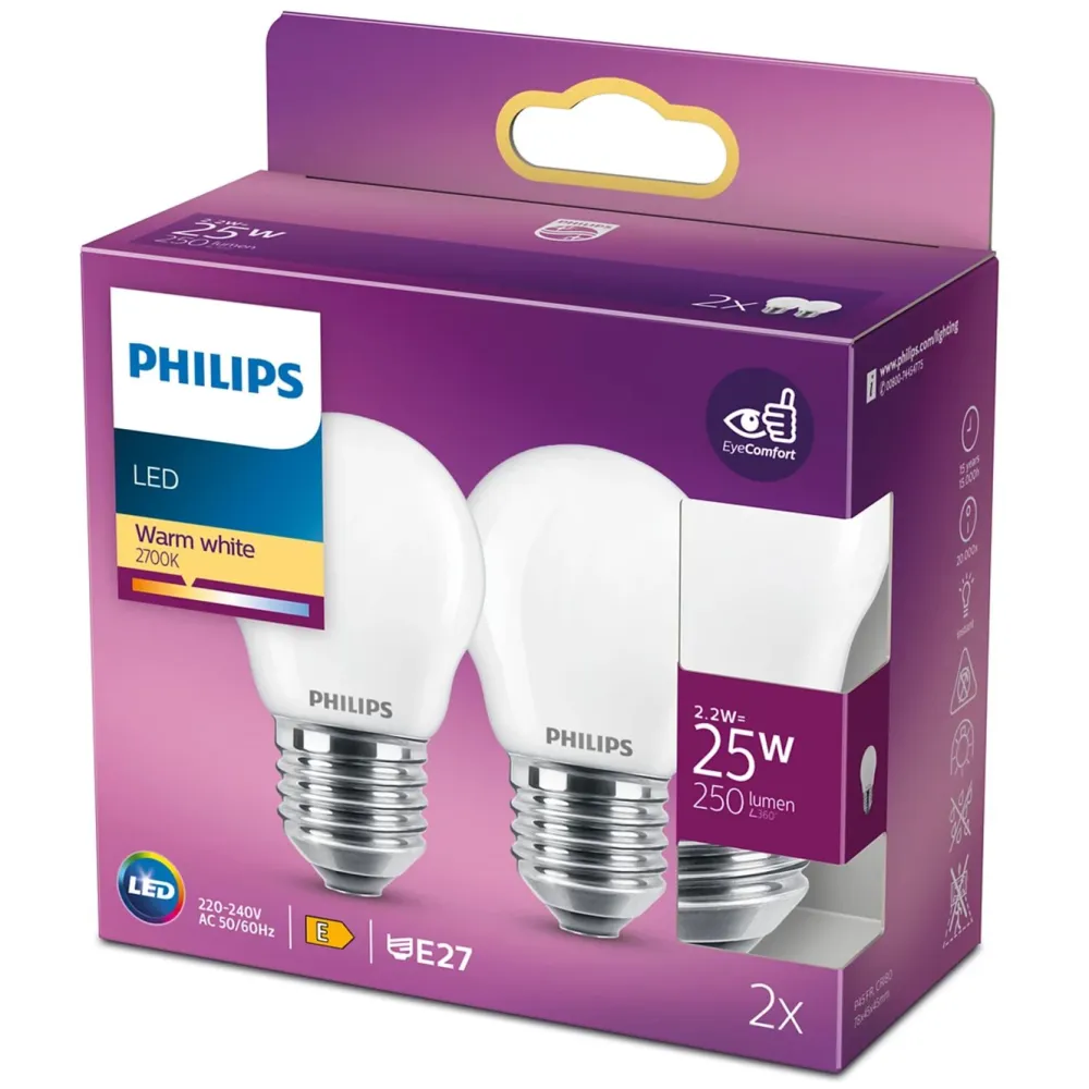 Philips Lyskilder|Kuleformet frostet LED-pære E27 250 lm 2-pk.