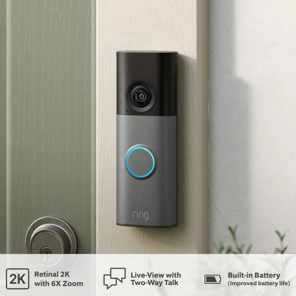 Ring Smart Dørklokke|Smart Dørklokke|Battery Video Doorbell + Chime Retinal 2K Speckled Grey