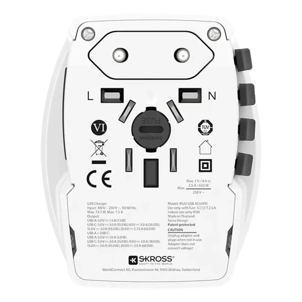 Skross Reiseeffekter|Overfallsalarm|AC65PD ujordet reiseadapter med USB PD 65W