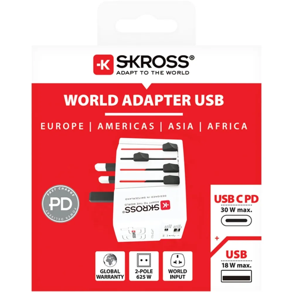 Skross Reiseeffekter|Overfallsalarm|AC30PD ujordet reiseadapter med USB PD 30 W