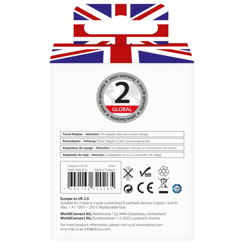 Skross Reiseeffekter|Overfallsalarm|Jordet reiseadapter Storbritannia