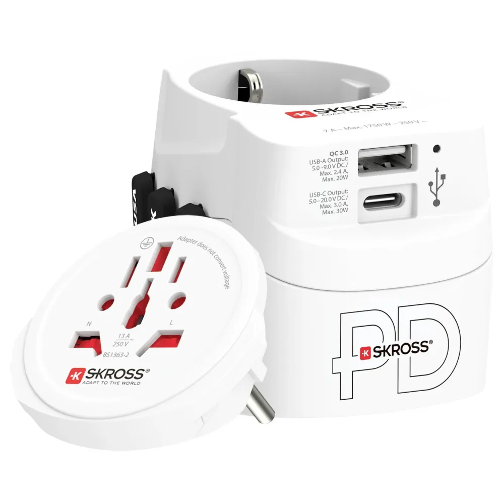 Skross Reiseeffekter|Overfallsalarm|Jordet reiseadapter - universal med USB-uttak
