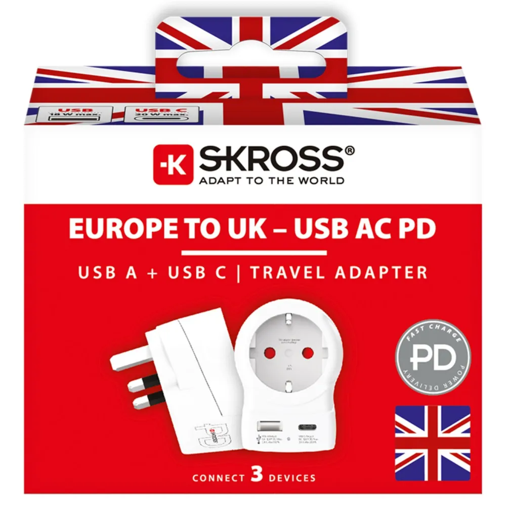 Skross Reiseeffekter|Overfallsalarm|Reiseadapter Europa til UK USB AC PD 20W