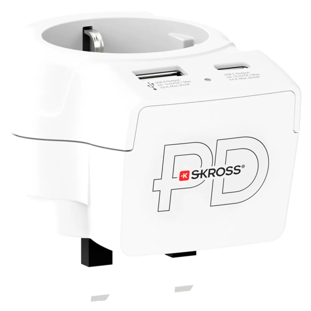 Skross Reiseeffekter|Overfallsalarm|Reiseadapter Europa til UK USB AC PD 20W