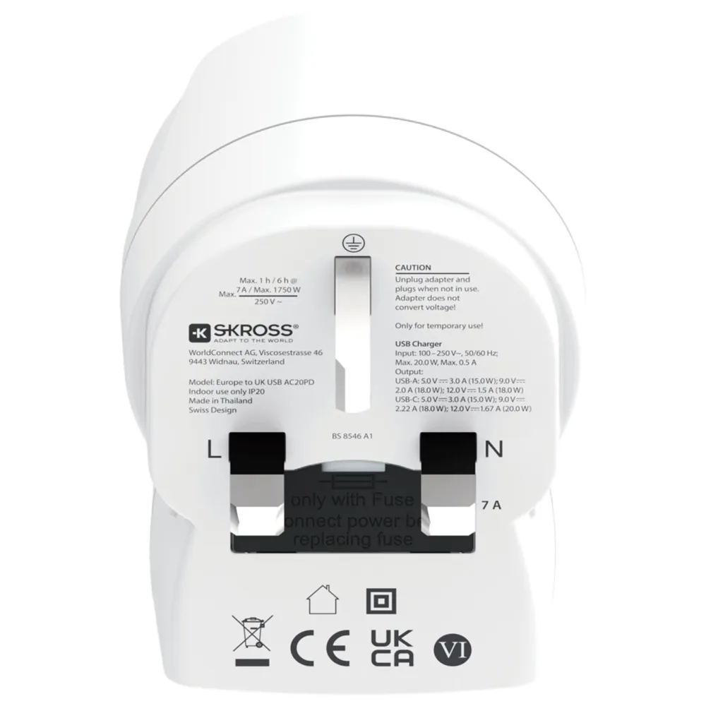 Skross Reiseeffekter|Overfallsalarm|Reiseadapter Europa til UK USB AC PD 20W