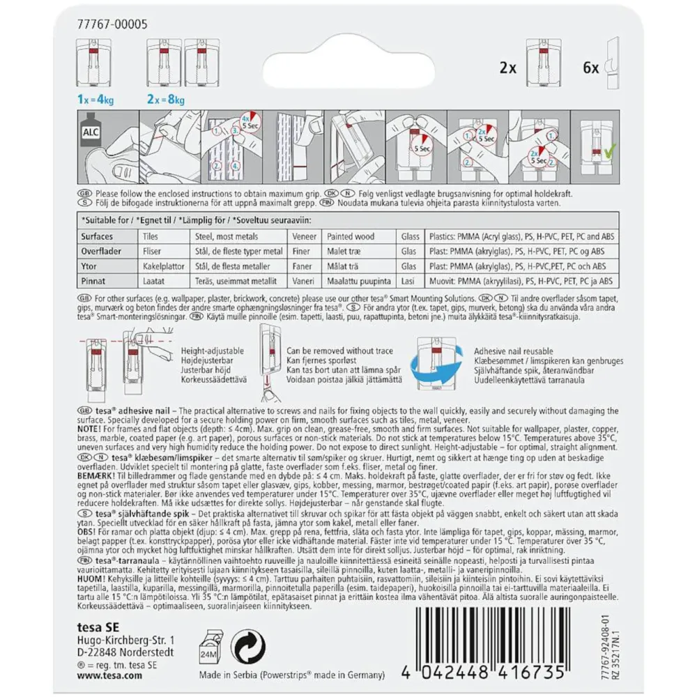Tesa Teip|Opphenging|Justerbar limspiker for kakkel og metall 4 kg 2-pk.