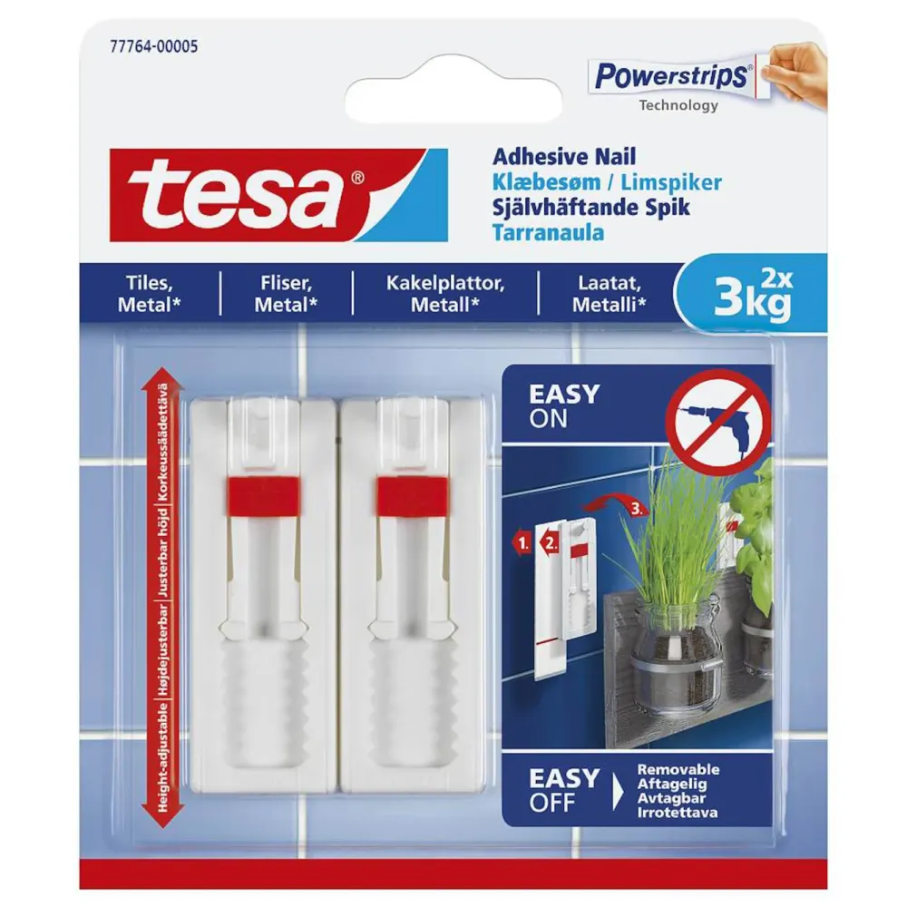 Tesa Teip|Opphenging|Justerbar limspiker for kakkel og metall 3 kg 2-pk.