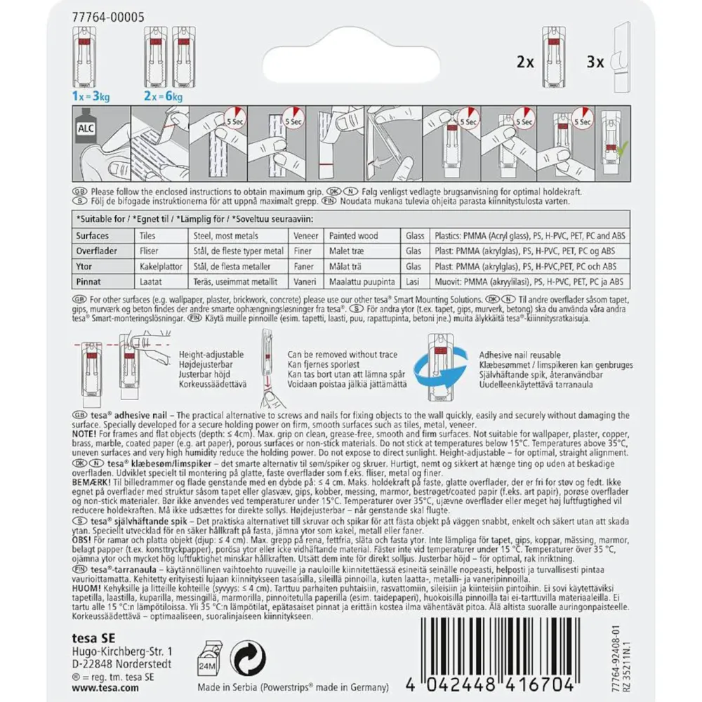 Tesa Teip|Opphenging|Justerbar limspiker for kakkel og metall 3 kg 2-pk.
