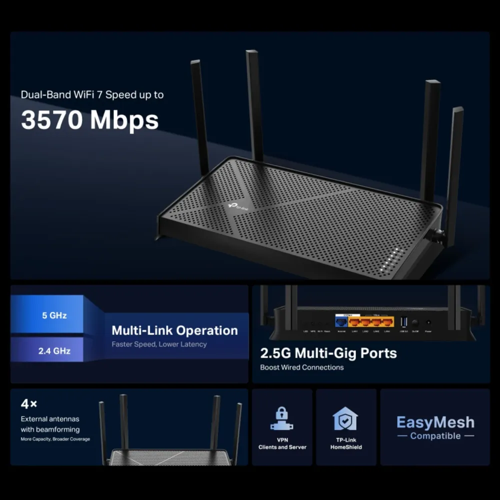 TP-Link Wifi-Routere|Archer BE230 Trådløs ruter med Wifi 7 BE3600
