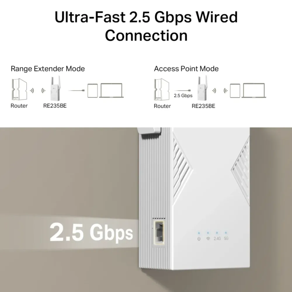 TP-Link Mobilt Bredbånd Og Rutere|Nettverkskabler|RE235BE – WiFi 7 BE3600-extender