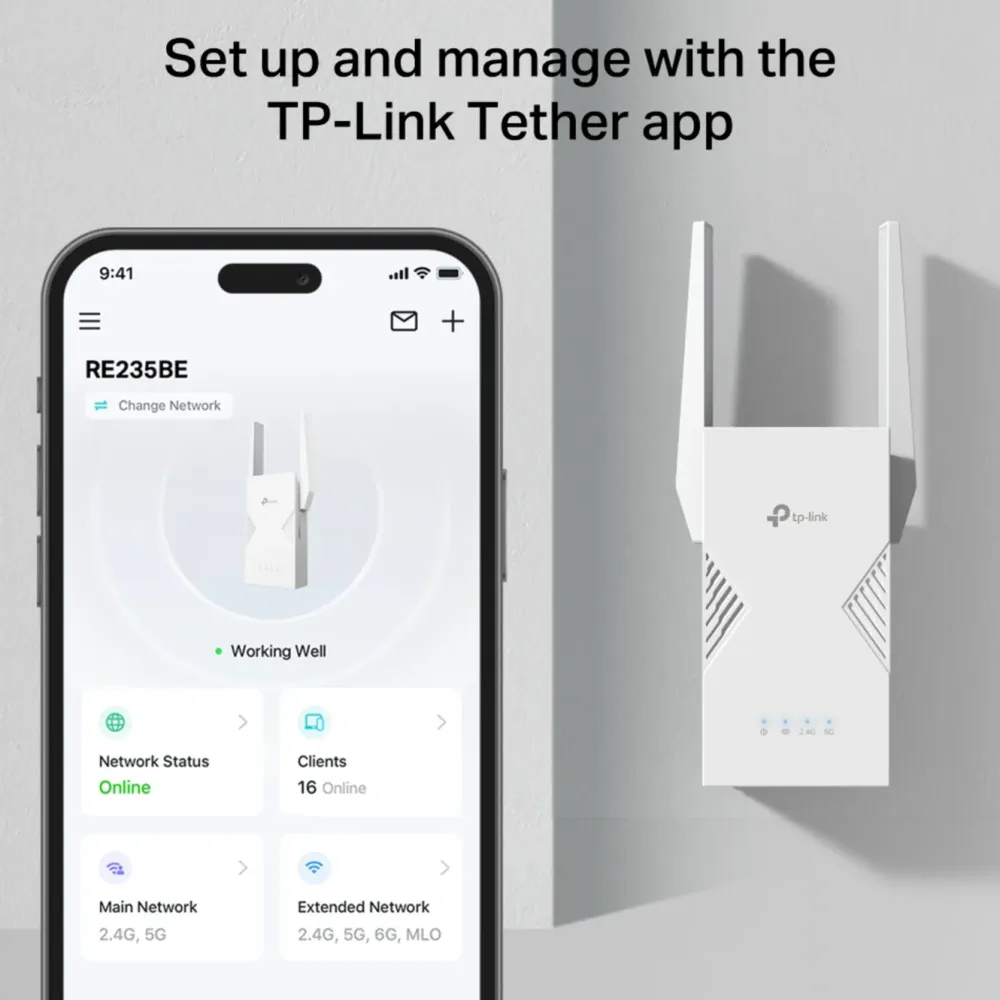 TP-Link Mobilt Bredbånd Og Rutere|Nettverkskabler|RE235BE – WiFi 7 BE3600-extender