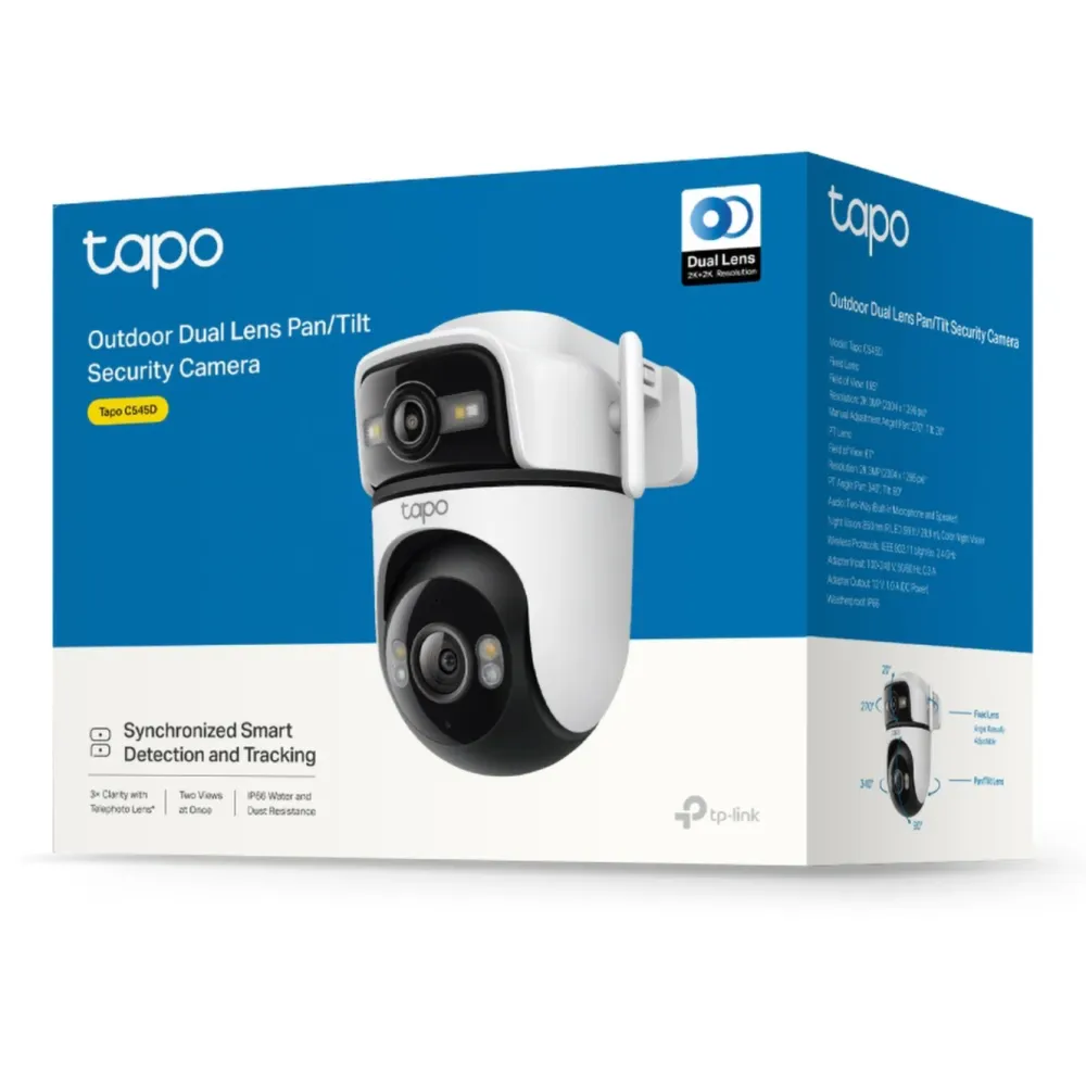 TP-Link Alarmsystemer|Skimmingsbeskyttelse|Tapo C545D Overvåkingskamera med doble linser 2K, IP66, wifi