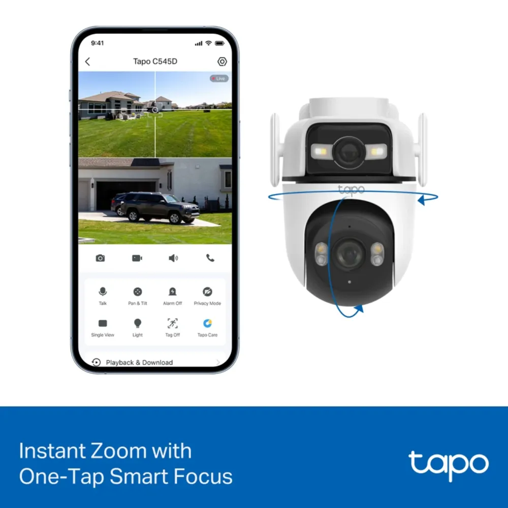 TP-Link Alarmsystemer|Skimmingsbeskyttelse|Tapo C545D Overvåkingskamera med doble linser 2K, IP66, wifi
