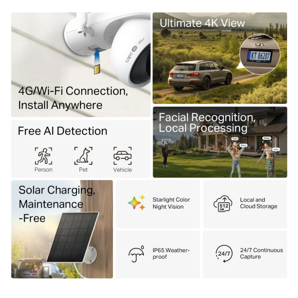 TP-Link Kameraovervåking|Tapo C665G Solcelledrevet 4K Pan/Tilt overvåkingskamera med Wi-Fi/4G