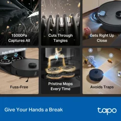 TP-Link Rengjøring|Robotstøvsuger|Tapo RV50 Pro Omni – Robotstøvsuger med basestasjon