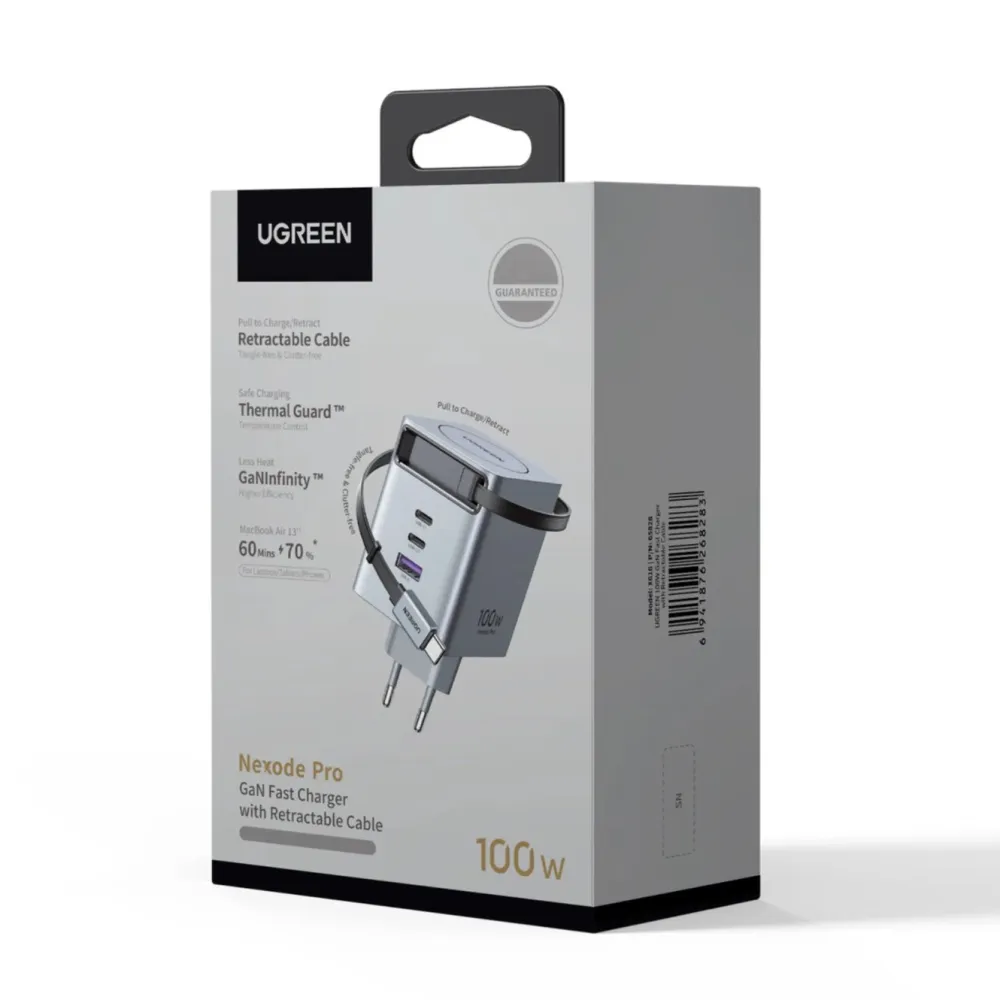 Ugreen Kalkulator|Makuleringsmaskiner|Nexode 100 W GaN-hurtiglader med uttrekkbar USB-C-kabel