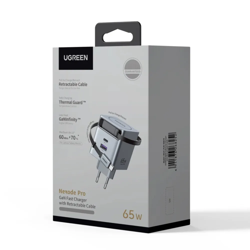 Ugreen Mobiltelefonladere|Nexode 65 W GaN-hurtiglader med uttrekkbar USB-C-kabel 65 W