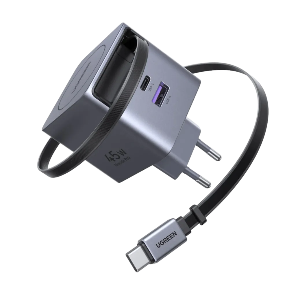 Ugreen Mobiltelefonladere|Nexode 45 W GaN-hurtiglader med uttrekkbar USB-C-kabel 45 W