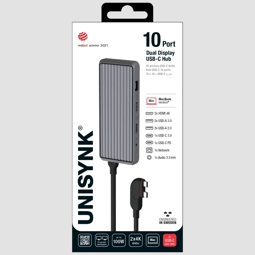 Unisynk Kabler Og Adaptere|Usb|10-ports USB-C-hub for doble skjermer for Mac Grå