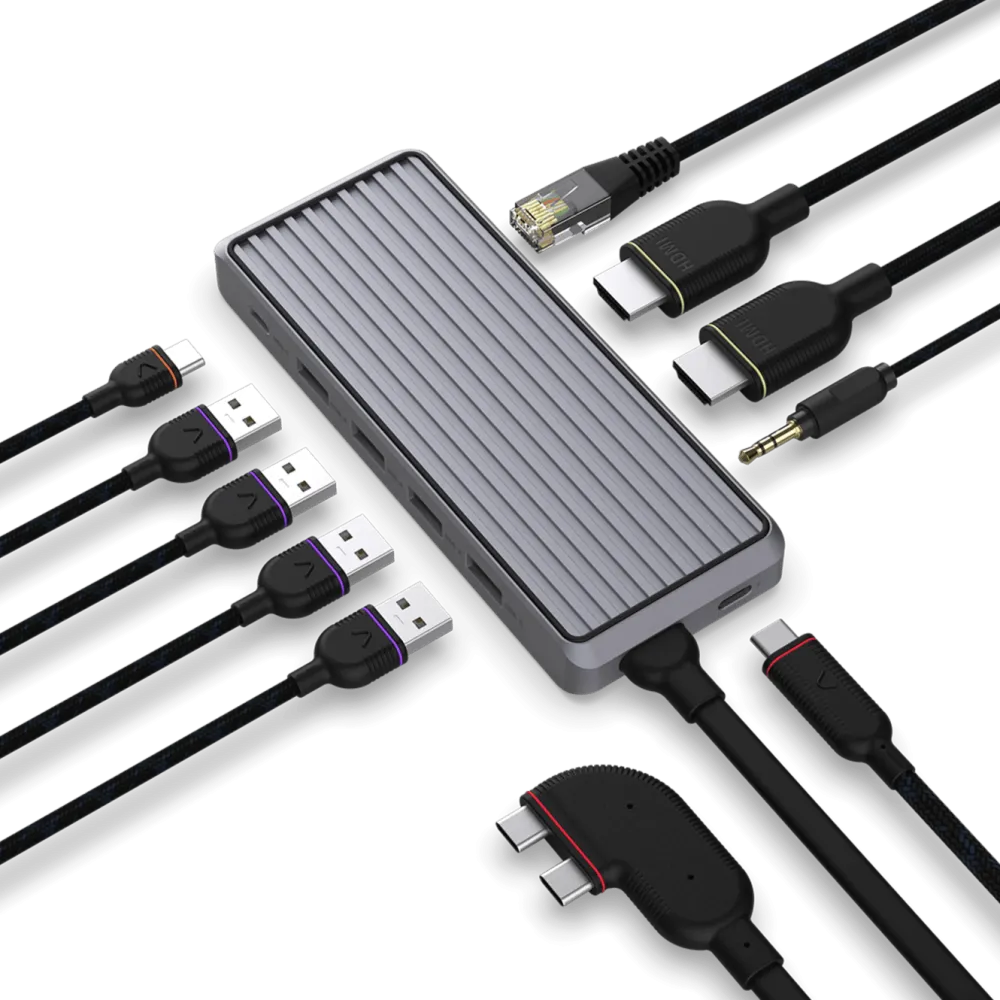Unisynk Kabler Og Adaptere|Usb|10-ports USB-C-hub for doble skjermer for Mac Grå