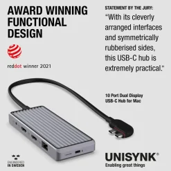 Unisynk Kabler Og Adaptere|Usb|10-ports USB-C-hub for doble skjermer for Mac Grå